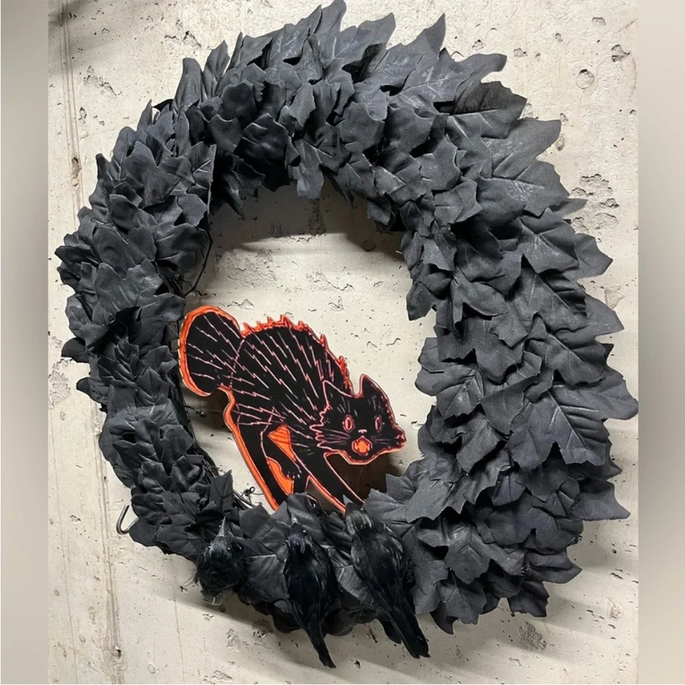 Hand Crafted Black Scaredy Cat Raven Wreath Black Leaves Black Orange Cat Goth
